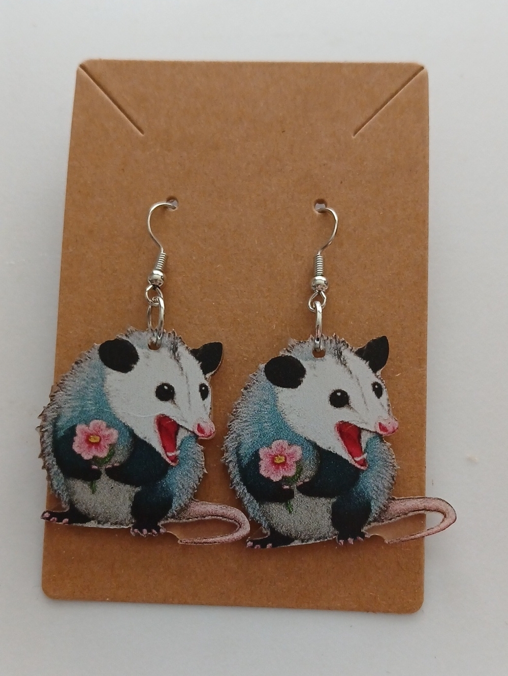 Fashion Jewelry Blue & White Opossum Drop Earrings with Pink Flower